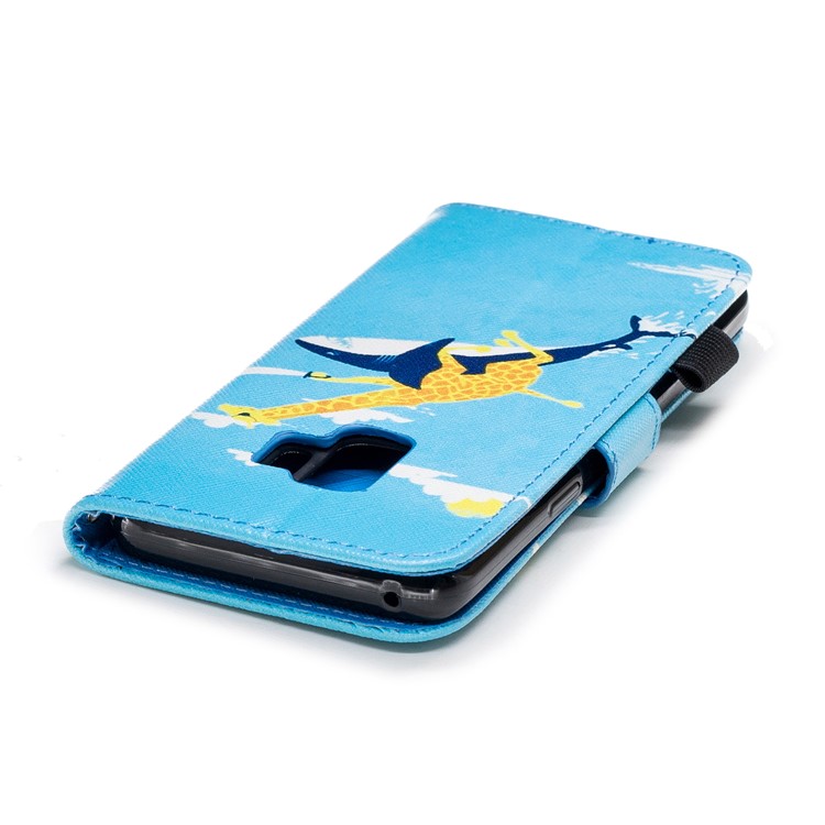 Patterned Wallet Stand Leather Case Accessory for Samsung Galaxy S9 G960 - Giraffe Riding Whale-6