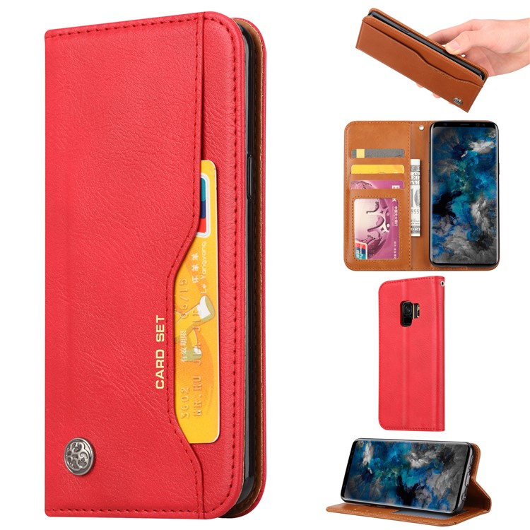 For Samsung Galaxy S9 G960 PU Leather Wallet Stand Protection Flip Case - Red-1