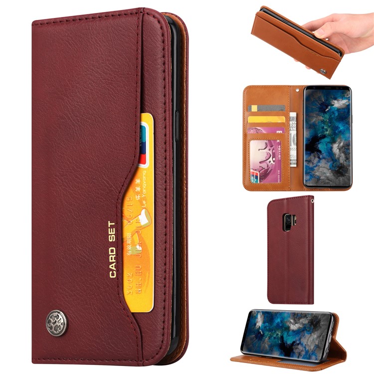 For Samsung Galaxy S9 G960 PU Leather Wallet Stand Cover Case with Card Holder - Wine Red-1
