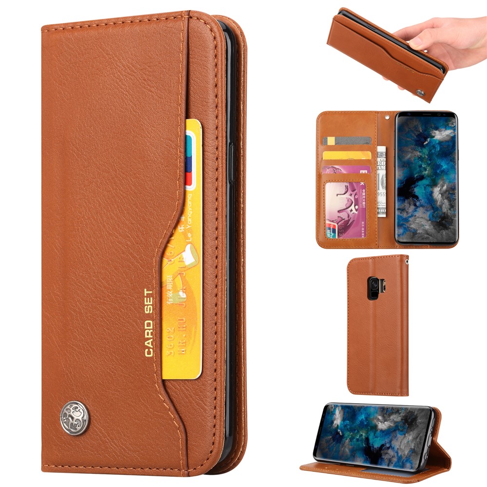 For Samsung Galaxy S9 G960 Leather Stand Wallet Protection Cover - Brown-1