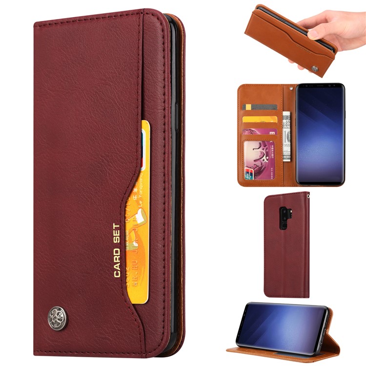 For Samsung Galaxy S9+ G965 PU Leather Wallet Card Holder Flip Cover - Wine Red-1