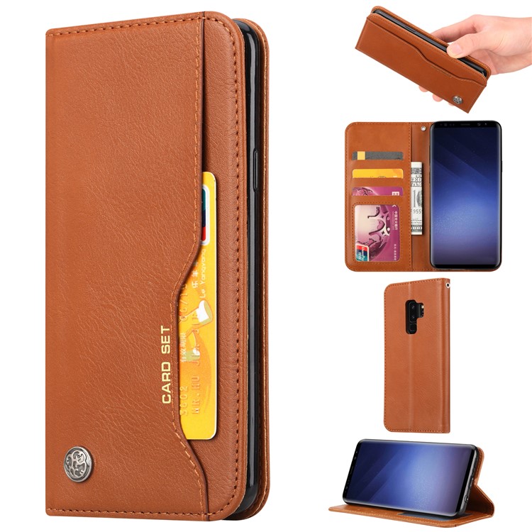 For Samsung Galaxy S9+ G965 PU Leather Wallet Stand Protective Casing - Brown-1