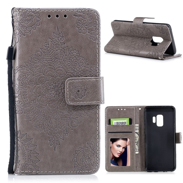 Imprinted Flower Pattern PU Leather Stand Wallet Phone Shell for Samsung Galaxy S9 - Grey-1