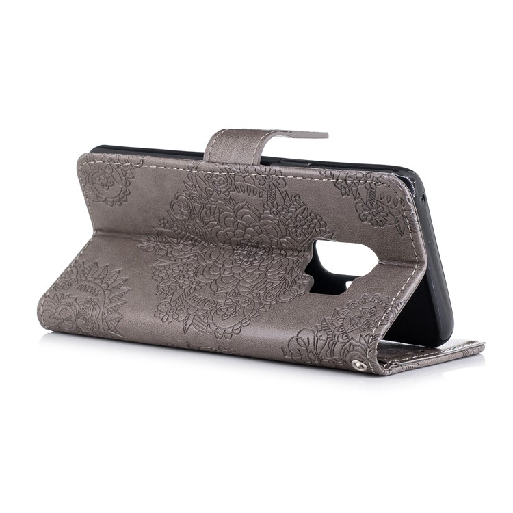 Imprinted Flower Pattern PU Leather Stand Wallet Phone Shell for Samsung Galaxy S9 - Grey-4