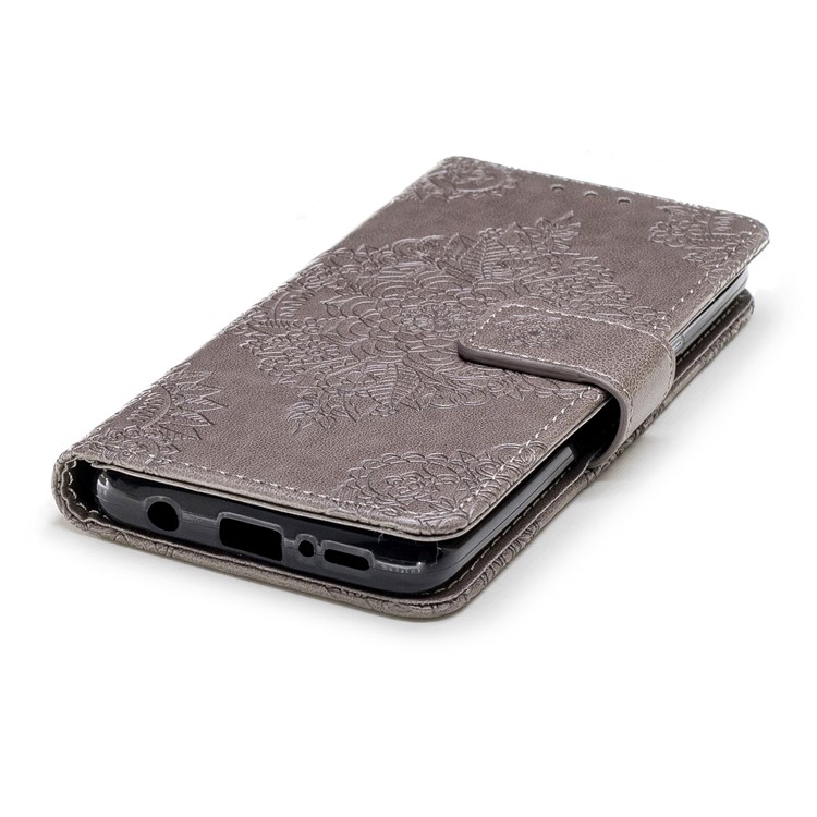 Imprinted Flower Pattern PU Leather Stand Wallet Phone Shell for Samsung Galaxy S9 - Grey-6