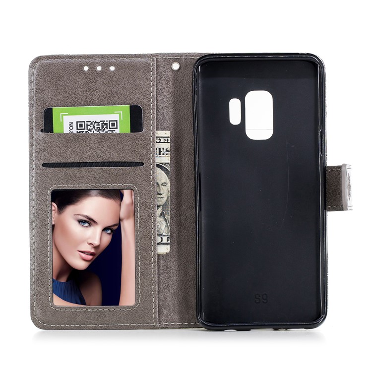 Imprinted Flower Pattern PU Leather Stand Wallet Phone Shell for Samsung Galaxy S9 - Grey-8