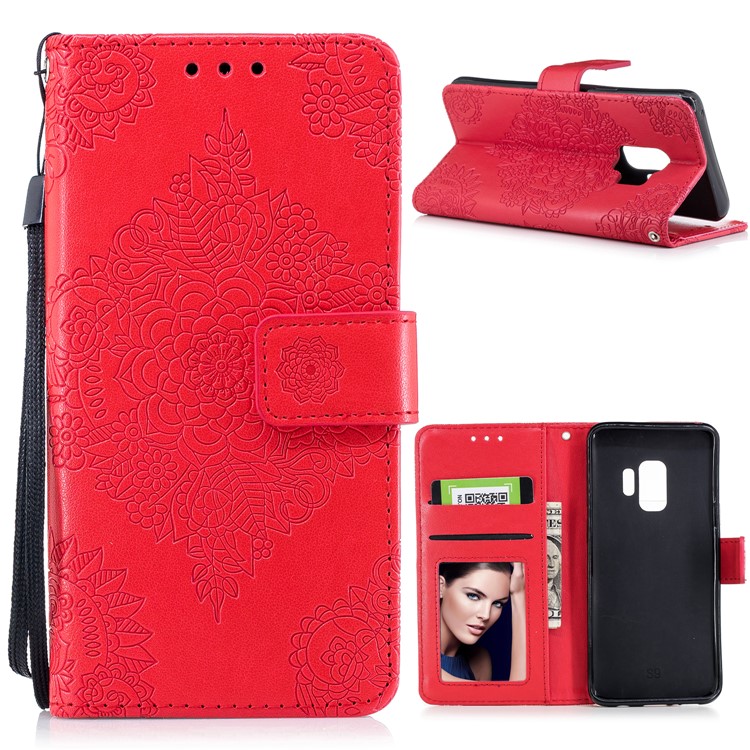Imprinted Flower Pattern PU Leather Stand Wallet Mobile Cover for Samsung Galaxy S9 - Red-1