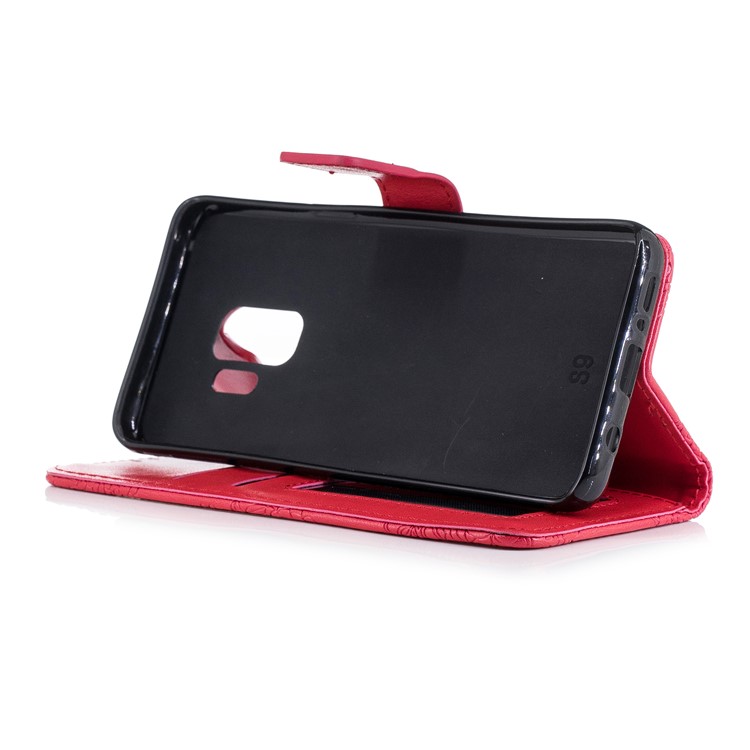 Imprinted Flower Pattern PU Leather Stand Wallet Mobile Cover for Samsung Galaxy S9 - Red-5