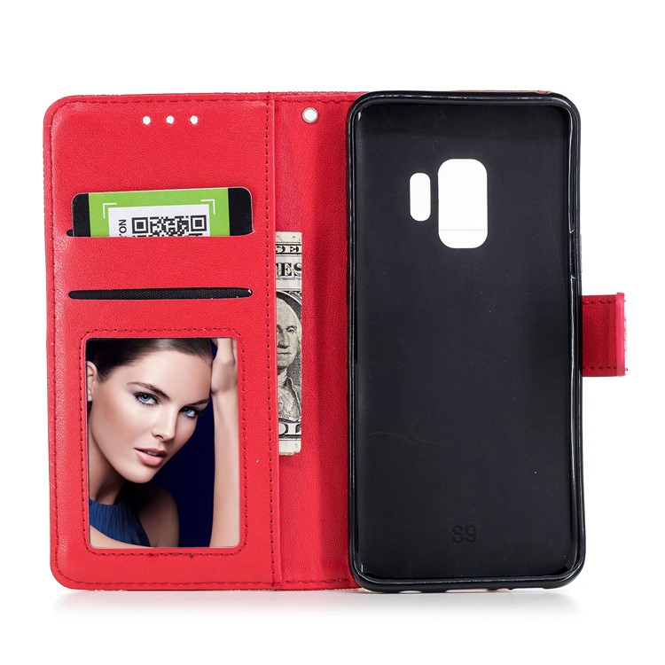 Imprinted Flower Pattern PU Leather Stand Wallet Mobile Cover for Samsung Galaxy S9 - Red-8