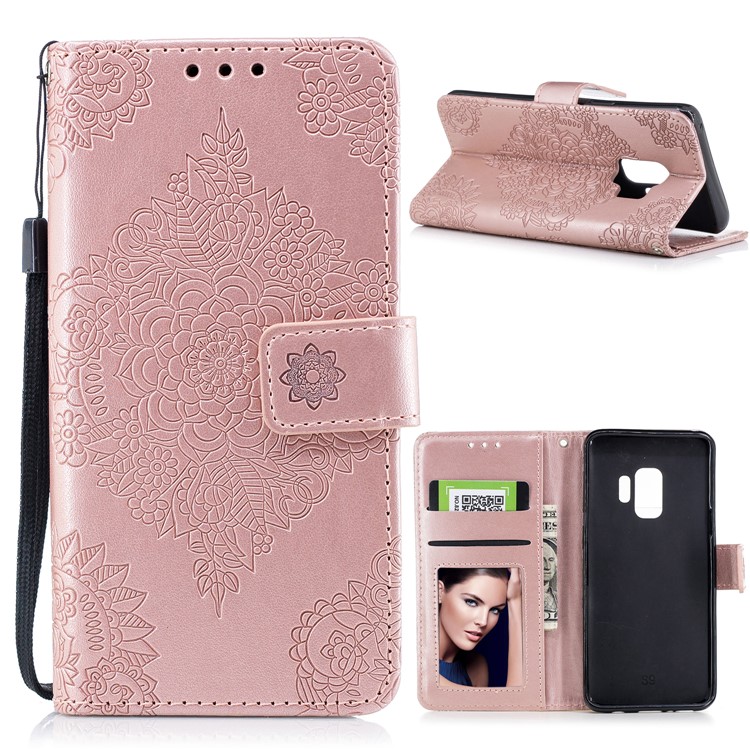 Imprinted Flower Pattern PU Leather Stand Wallet Phone Case for Samsung Galaxy S9 - Rose Gold-1