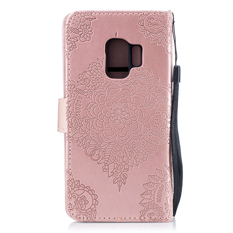Imprinted Flower Pattern PU Leather Stand Wallet Phone Case for Samsung Galaxy S9 - Rose Gold-3