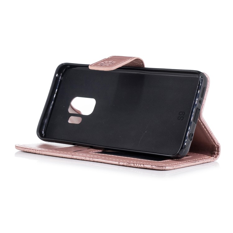 Imprinted Flower Pattern PU Leather Stand Wallet Phone Case for Samsung Galaxy S9 - Rose Gold-5