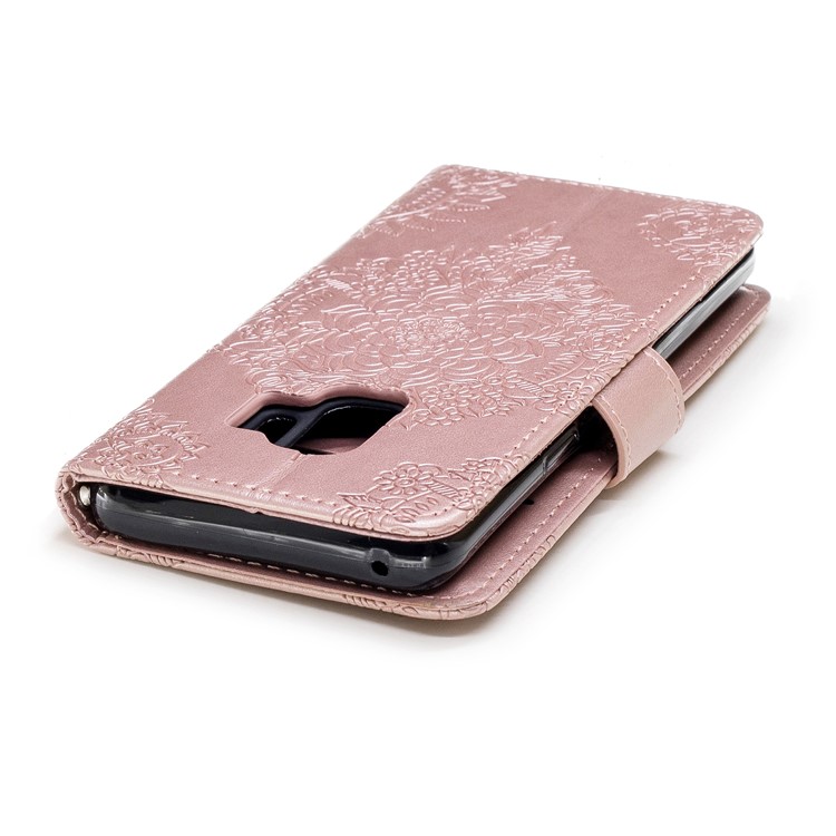 Imprinted Flower Pattern PU Leather Stand Wallet Phone Case for Samsung Galaxy S9 - Rose Gold-7