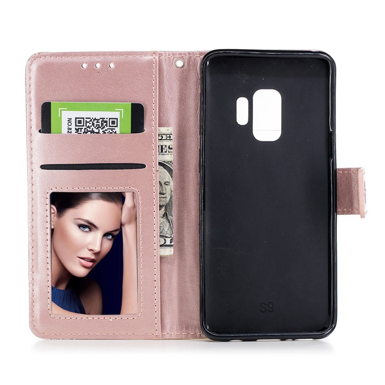 Imprinted Flower Pattern PU Leather Stand Wallet Phone Case for Samsung Galaxy S9 - Rose Gold-8