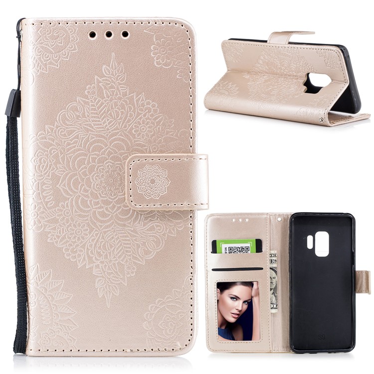 For Samsung Galaxy S9 Imprinted Flower Pattern PU Leather Stand Wallet Case with Strap - Gold-1