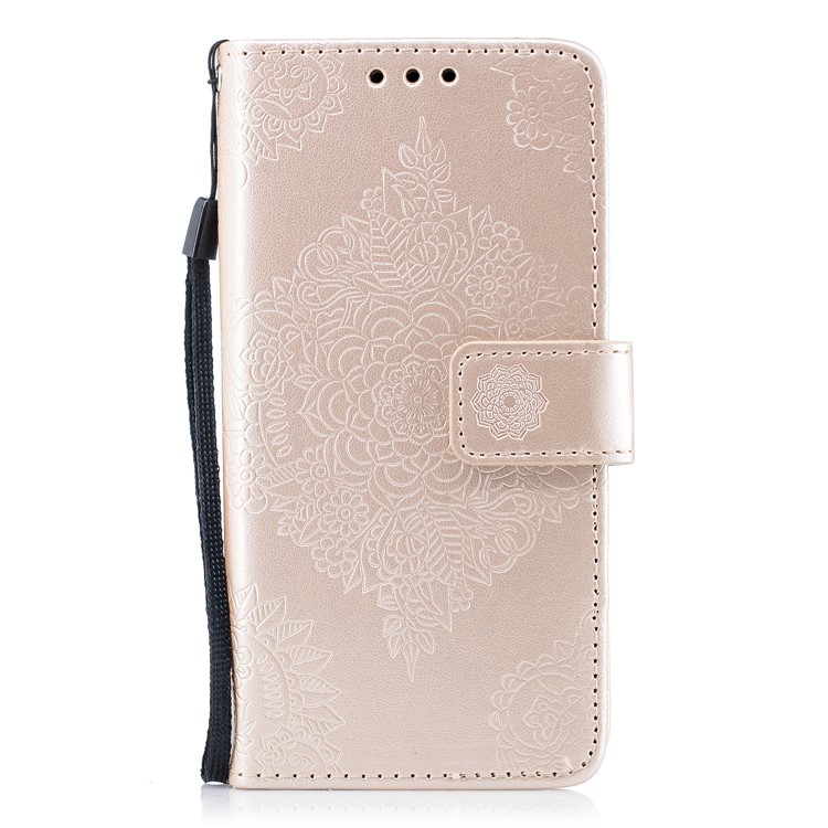 For Samsung Galaxy S9 Imprinted Flower Pattern PU Leather Stand Wallet Case with Strap - Gold-2