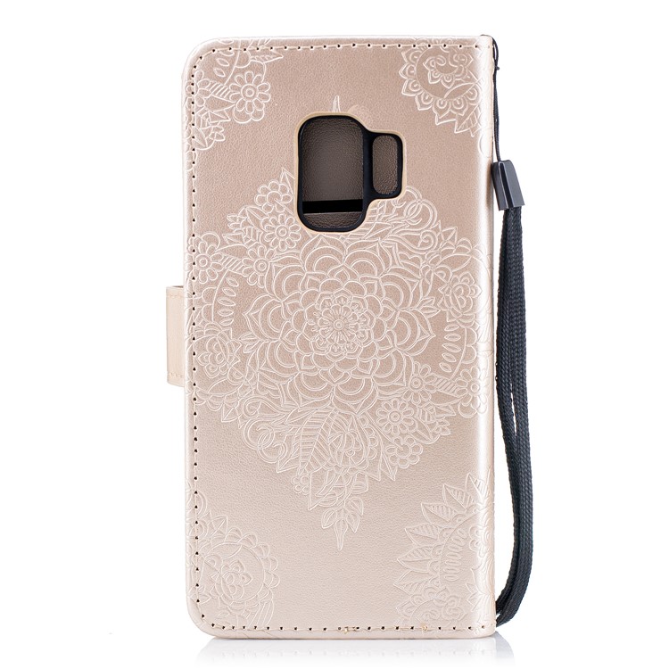 For Samsung Galaxy S9 Imprinted Flower Pattern PU Leather Stand Wallet Case with Strap - Gold-3
