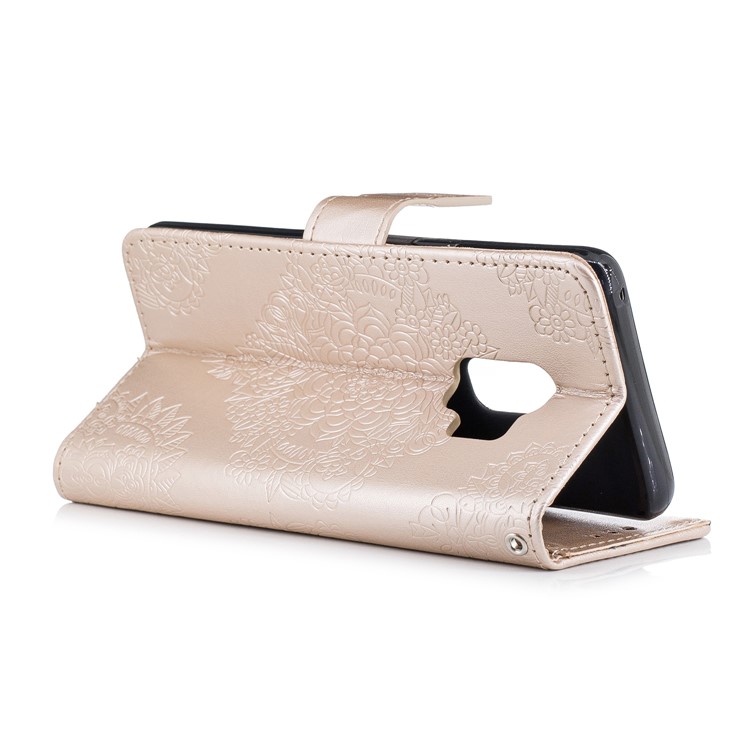 For Samsung Galaxy S9 Imprinted Flower Pattern PU Leather Stand Wallet Case with Strap - Gold-4