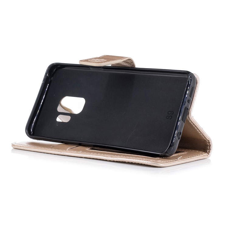 For Samsung Galaxy S9 Imprinted Flower Pattern PU Leather Stand Wallet Case with Strap - Gold-5