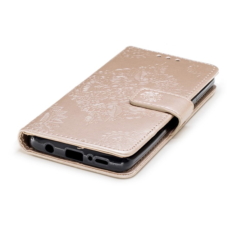 For Samsung Galaxy S9 Imprinted Flower Pattern PU Leather Stand Wallet Case with Strap - Gold-6