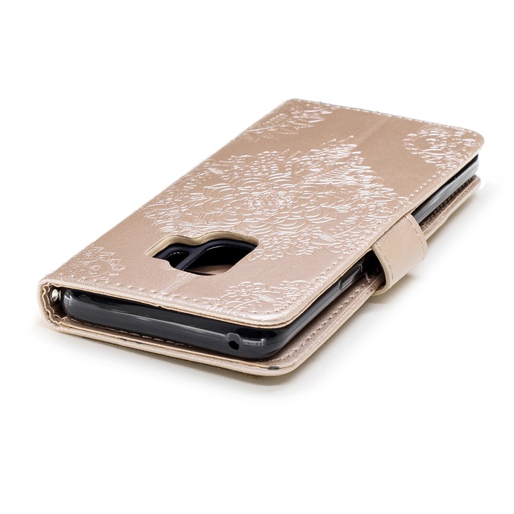 For Samsung Galaxy S9 Imprinted Flower Pattern PU Leather Stand Wallet Case with Strap - Gold-7