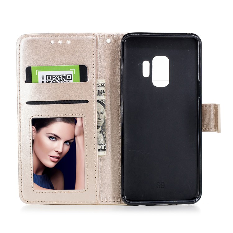 For Samsung Galaxy S9 Imprinted Flower Pattern PU Leather Stand Wallet Case with Strap - Gold-8