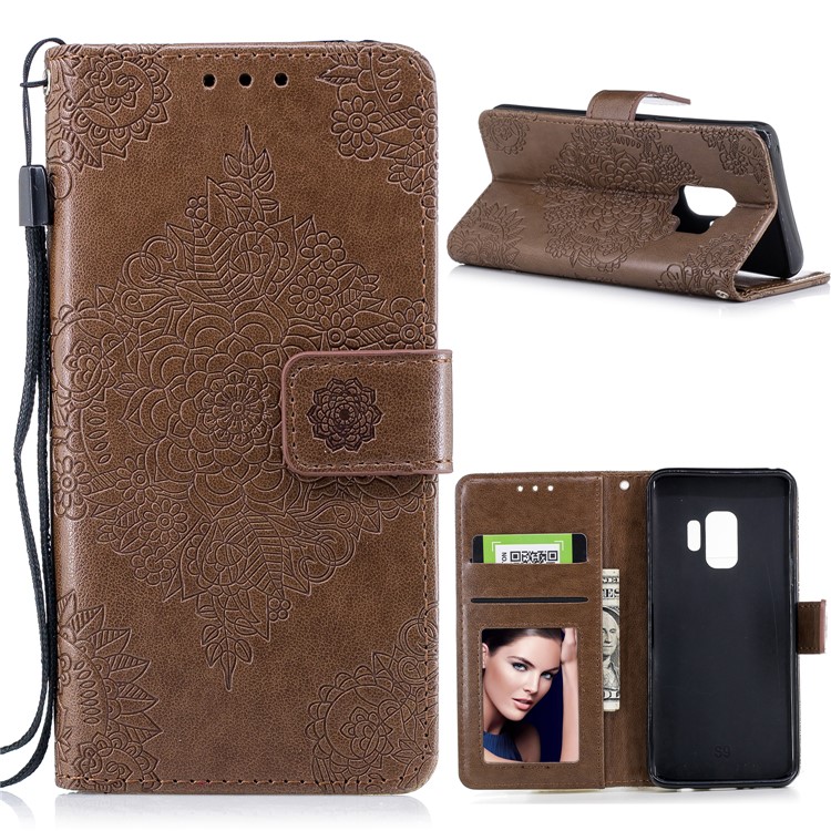 Imprinted Flower Pattern PU Leather Stand Wallet Protective Case for Samsung Galaxy S9 - Coffee-1