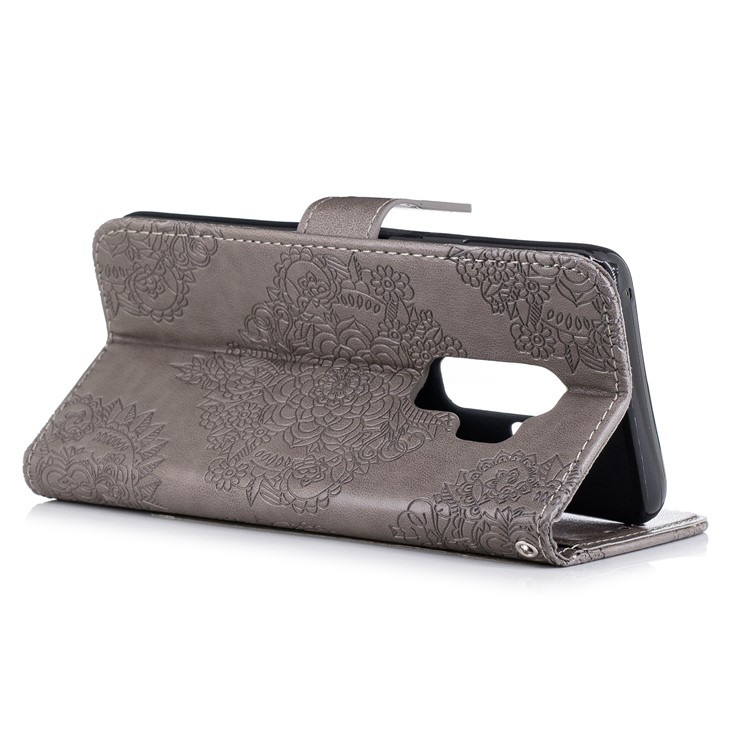 Imprinted Flower Pattern PU Leather Stand Wallet Phone Shell for Samsung Galaxy S9 Plus - Grey-4