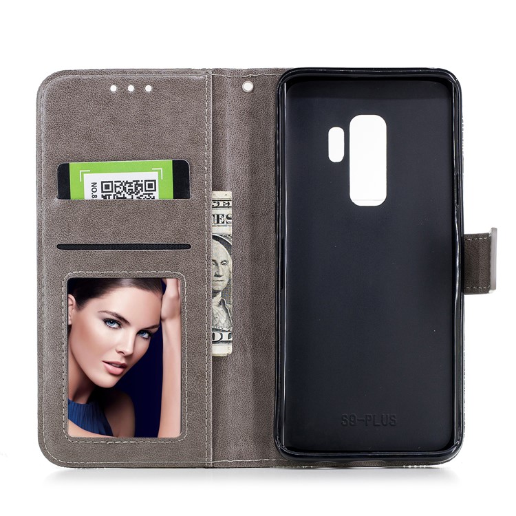 Imprinted Flower Pattern PU Leather Stand Wallet Phone Shell for Samsung Galaxy S9 Plus - Grey-8