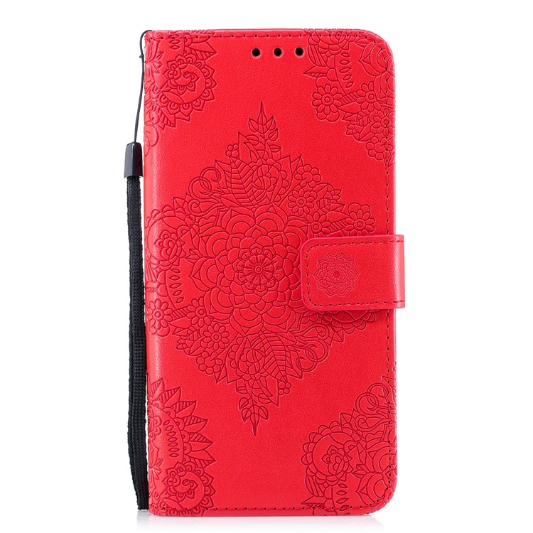 For Samsung Galaxy S9+ Imprinted Flower Pattern PU Leather Stand Wallet Phone Case with Strap - Red-2