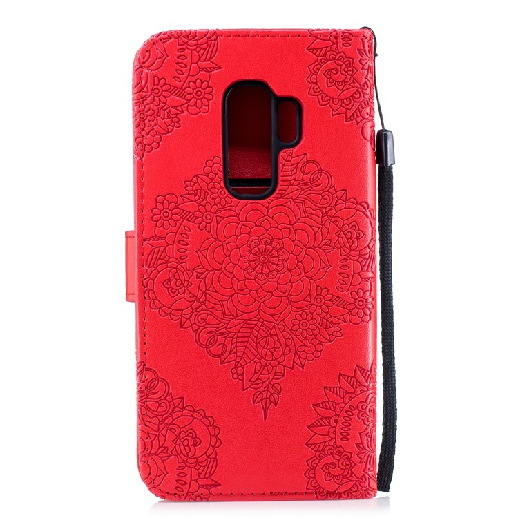 For Samsung Galaxy S9+ Imprinted Flower Pattern PU Leather Stand Wallet Phone Case with Strap - Red-3