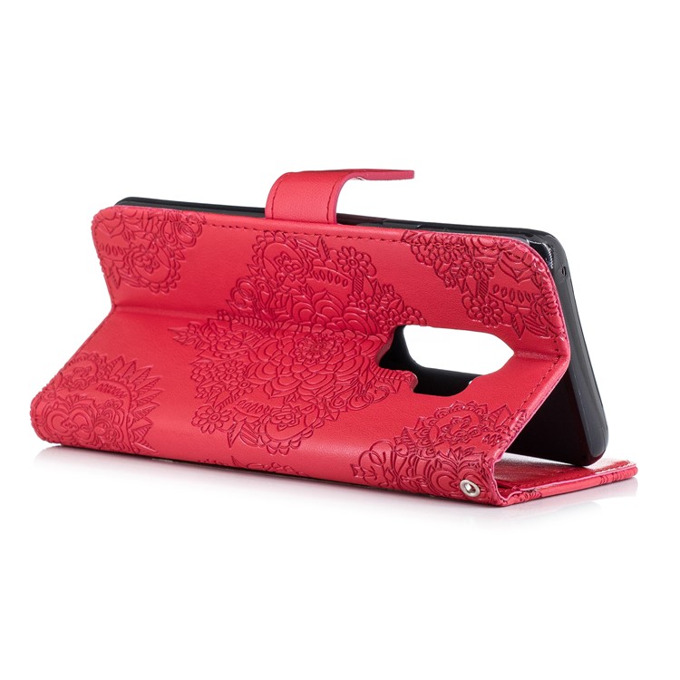 For Samsung Galaxy S9+ Imprinted Flower Pattern PU Leather Stand Wallet Phone Case with Strap - Red-4