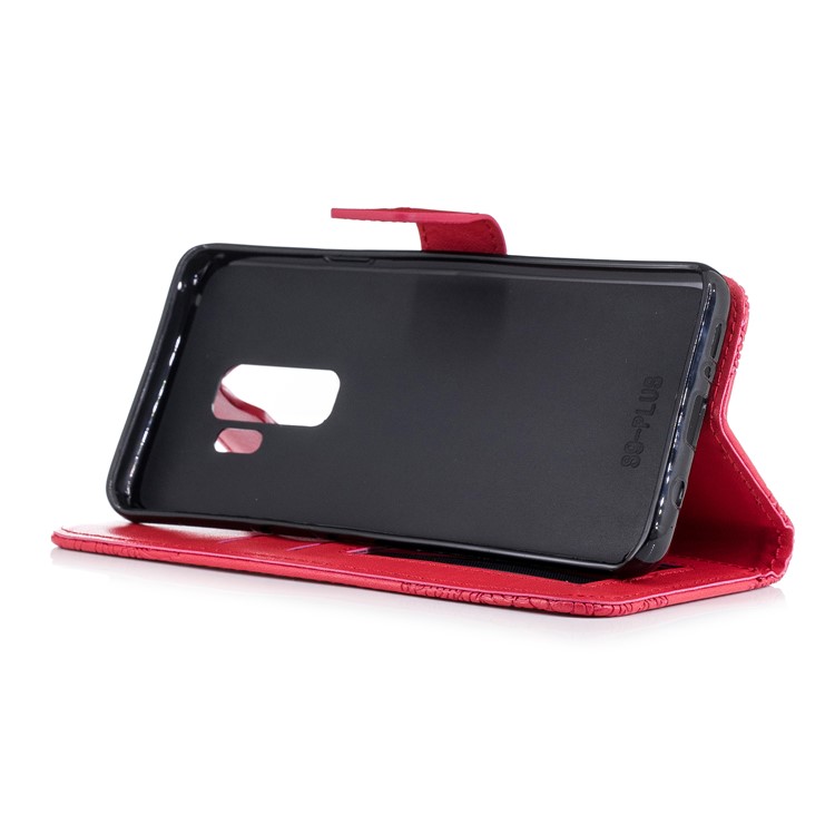 For Samsung Galaxy S9+ Imprinted Flower Pattern PU Leather Stand Wallet Phone Case with Strap - Red-5