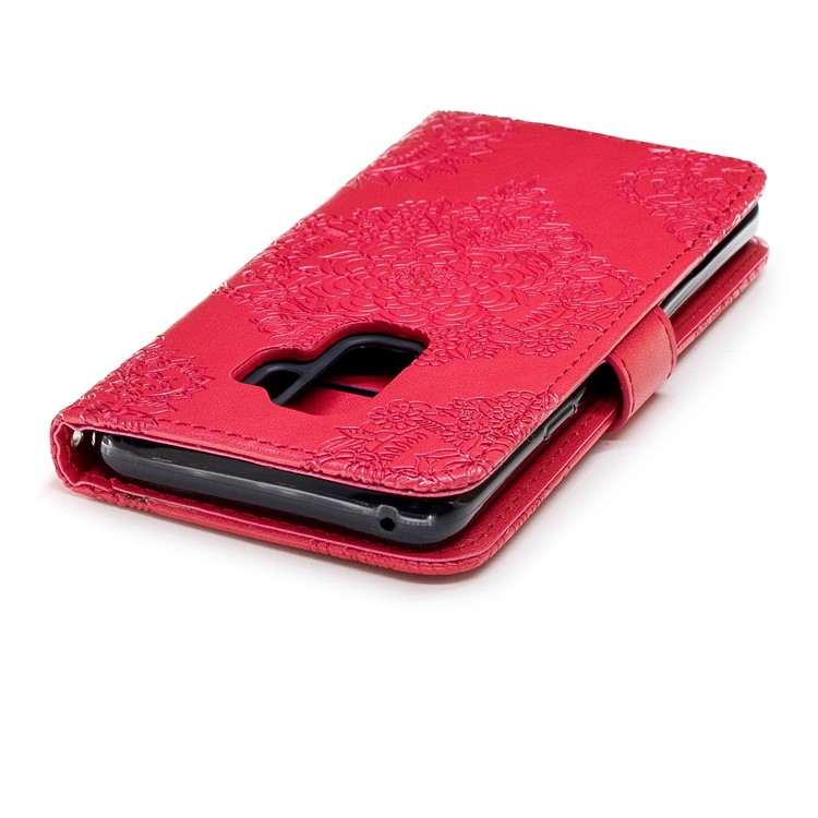 For Samsung Galaxy S9+ Imprinted Flower Pattern PU Leather Stand Wallet Phone Case with Strap - Red-7