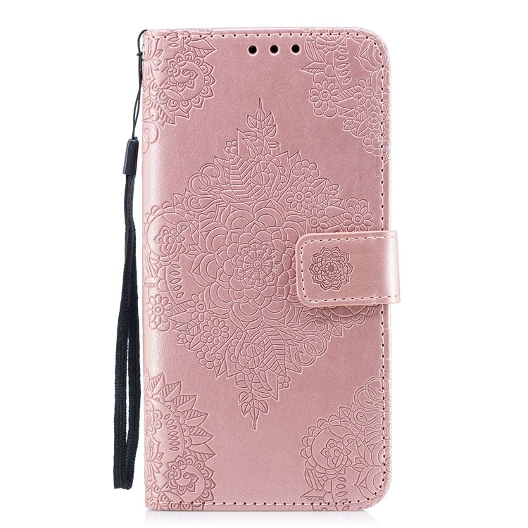 Imprinted Flower Pattern PU Leather Wallet Stand Case with Lanyard for Samsung Galaxy S9 Plus - Rose Gold-2