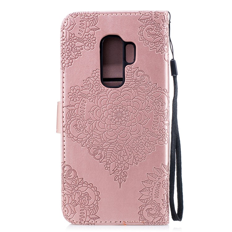 Imprinted Flower Pattern PU Leather Wallet Stand Case with Lanyard for Samsung Galaxy S9 Plus - Rose Gold-3