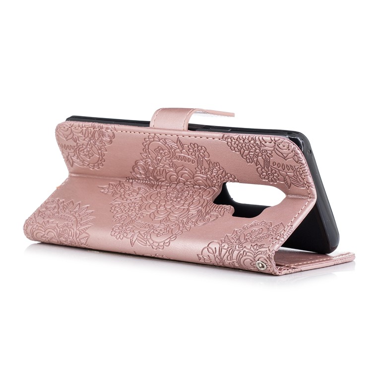 Imprinted Flower Pattern PU Leather Wallet Stand Case with Lanyard for Samsung Galaxy S9 Plus - Rose Gold-4