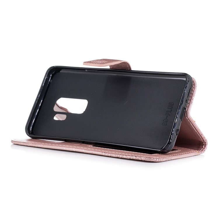 Imprinted Flower Pattern PU Leather Wallet Stand Case with Lanyard for Samsung Galaxy S9 Plus - Rose Gold-5