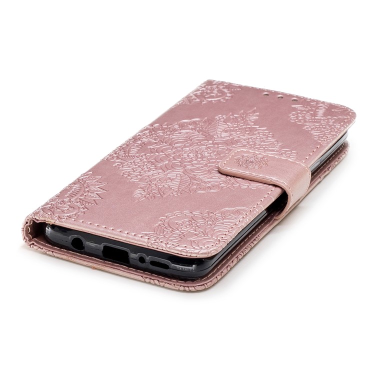 Imprinted Flower Pattern PU Leather Wallet Stand Case with Lanyard for Samsung Galaxy S9 Plus - Rose Gold-6
