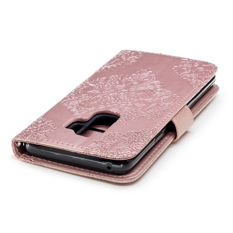 Imprinted Flower Pattern PU Leather Wallet Stand Case with Lanyard for Samsung Galaxy S9 Plus - Rose Gold-7
