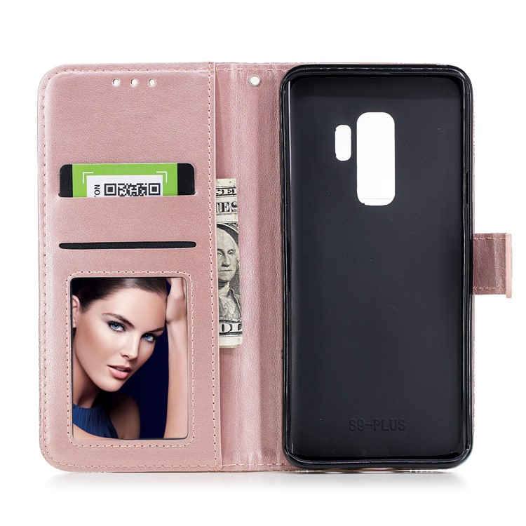 Imprinted Flower Pattern PU Leather Wallet Stand Case with Lanyard for Samsung Galaxy S9 Plus - Rose Gold-8