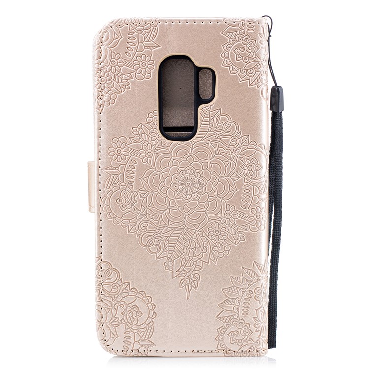 Imprinted Flower Pattern PU Leather Stand Wallet Phone Cover for Samsung Galaxy S9 Plus - Gold-3