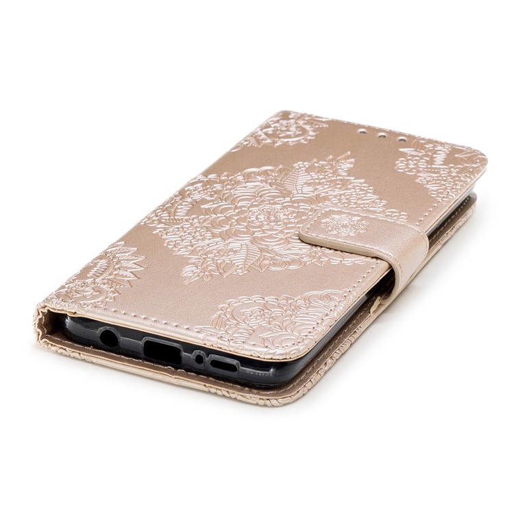 Imprinted Flower Pattern PU Leather Stand Wallet Phone Cover for Samsung Galaxy S9 Plus - Gold-6