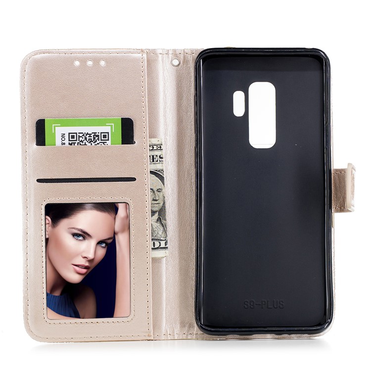 Imprinted Flower Pattern PU Leather Stand Wallet Phone Cover for Samsung Galaxy S9 Plus - Gold-8