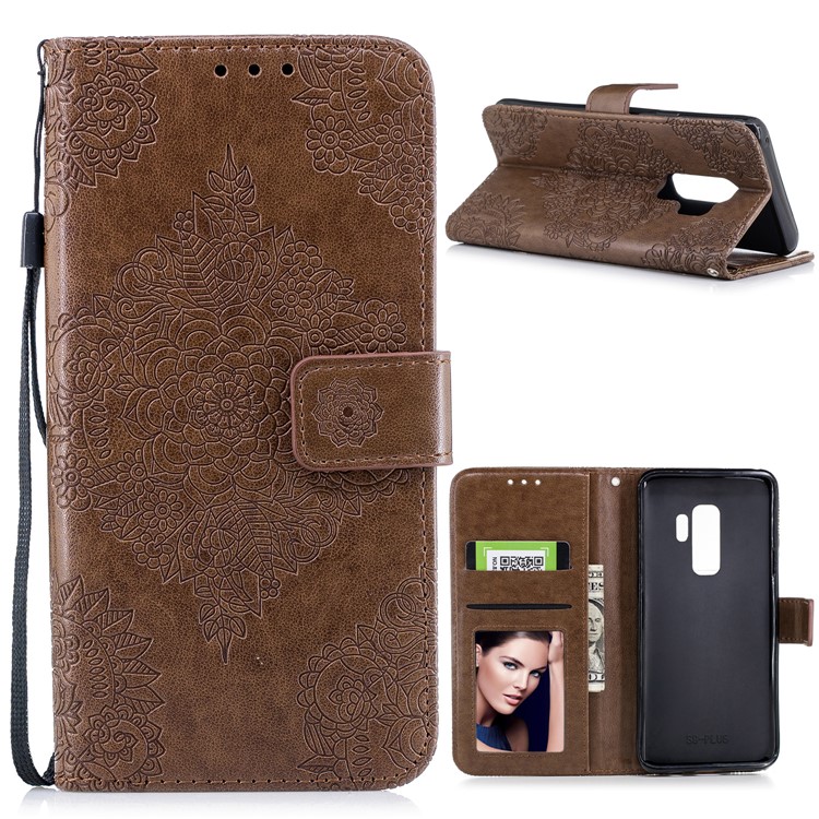 Imprinted Flower Pattern PU Leather Stand Wallet Mobile Cover for Samsung Galaxy S9 Plus - Coffee-1