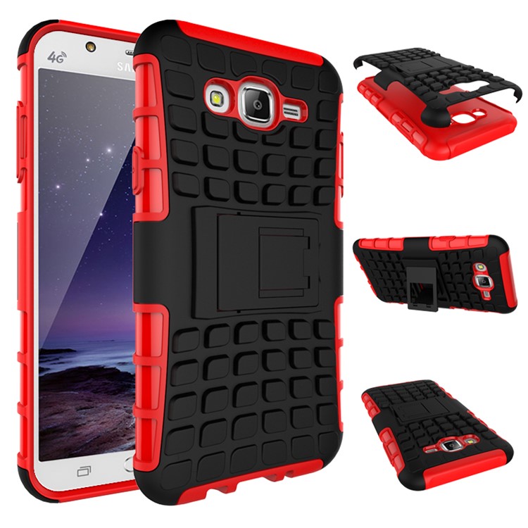 TPU PC Hybrid Shell for Samsung Galaxy J7 SM-J700F with Kickstand - Red-2