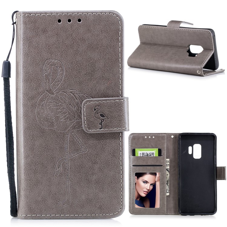 Imprinted Flamingo Pattern Leather Magnetic Case with Strap for Samsung Galaxy S9 - Grey-1