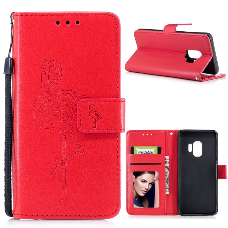 Imprinted Flamingo Pattern Leather Magnetic Stand Case with Strap for Samsung Galaxy S9 - Red-1