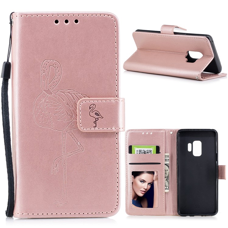 Imprinted Flamingo Pattern Leather Magnetic Mobile Cover with Strap for Samsung Galaxy S9 - Rose Gold-1