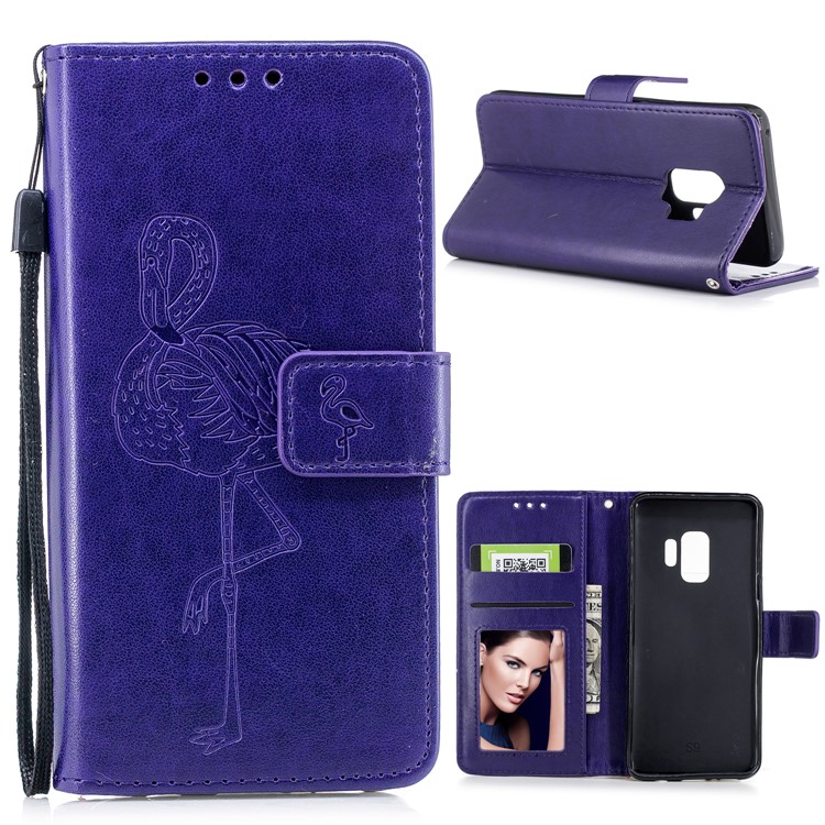 Imprinted Flamingo Pattern Leather Magnetic Protective Case with Strap for Samsung Galaxy S9 - Purple-1
